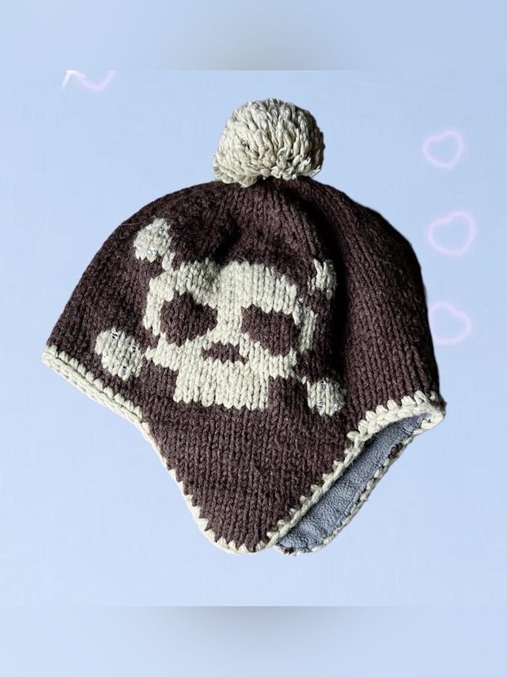 Y2K Skull Pom Pom Earflap Beanie - Brown/Grey